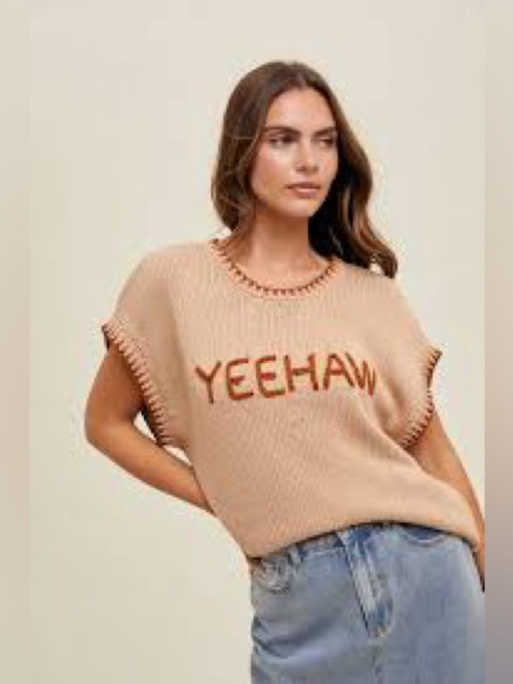 NWT - "Yeehaw" Crewneck Sleeveless Knit Baggy Sweater - Tan & Brown - Size M